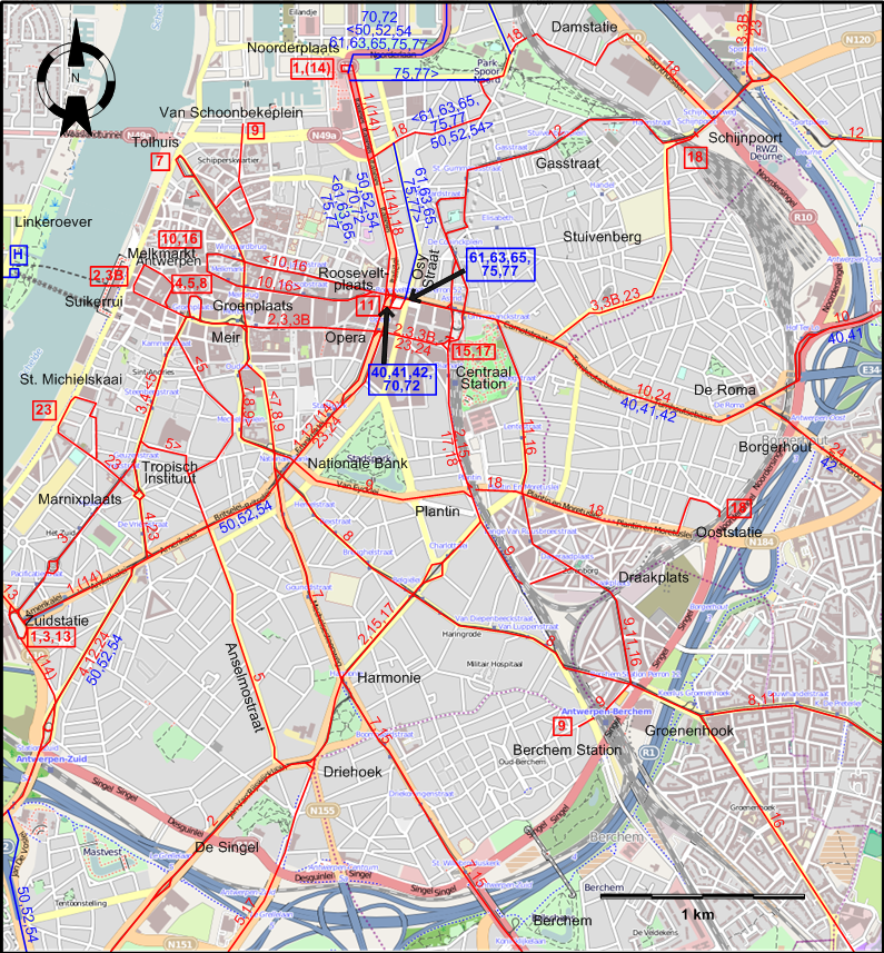 Antwerp 1949 downtown tram map