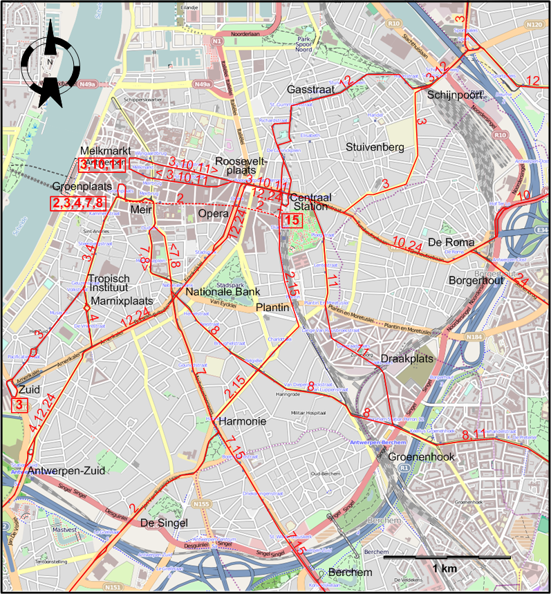 Antwerp 1975 downtown tram map