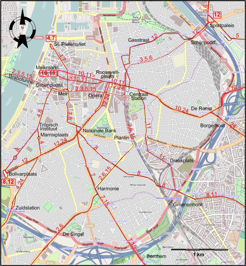 Antwerp 2007 downtown tram map