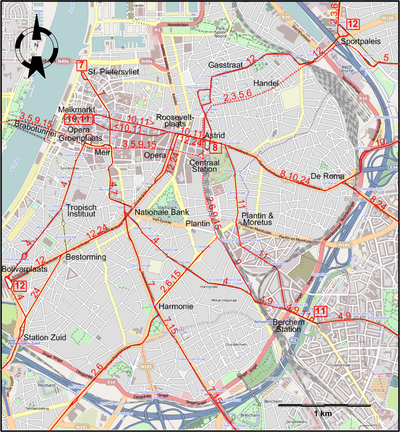 Antwerp 2015 downtown tram map