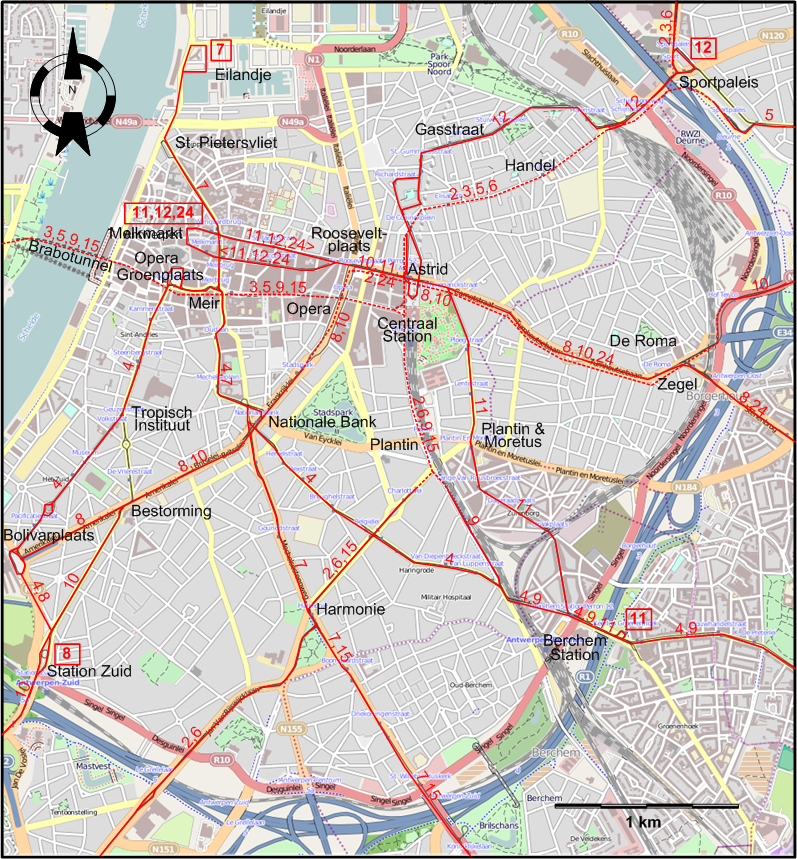 Antwerp 2017 downtown tram map