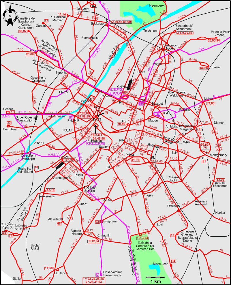 Brussels 1952 downtown tram map