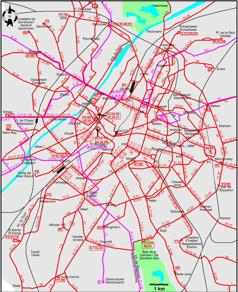 Brussels 1958 downtown tram map