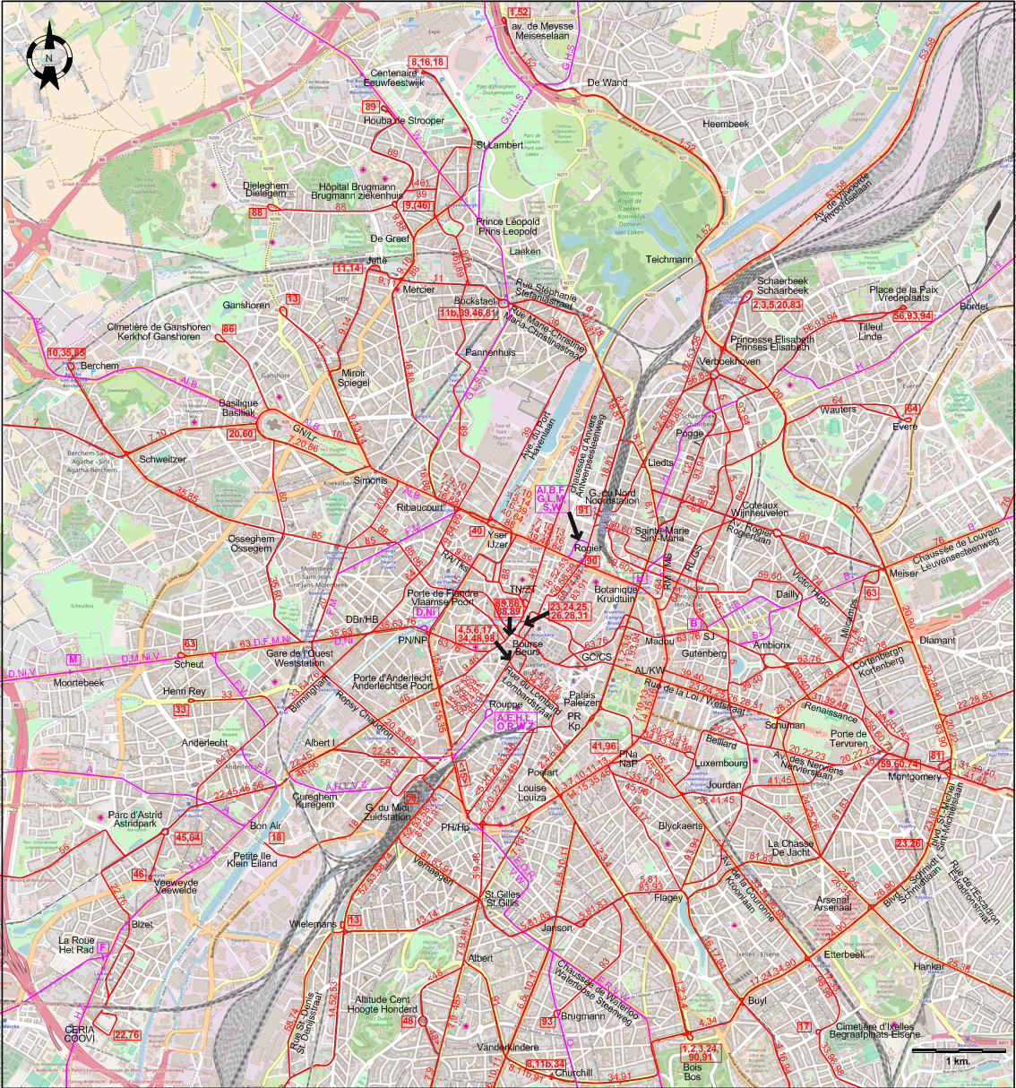 Brussels 1958 centre tram map