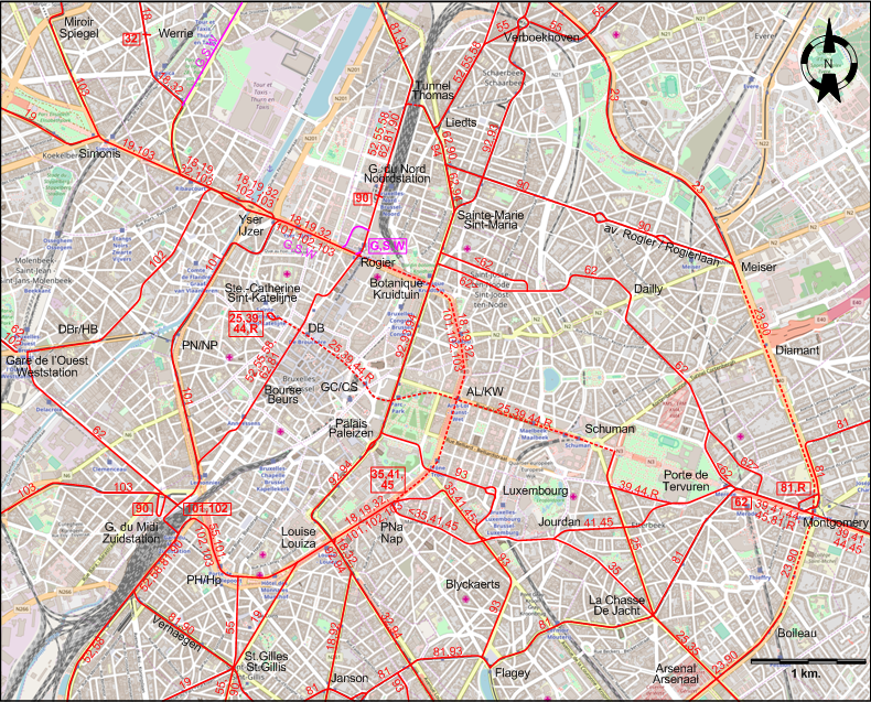 Brussels 1975 central tram map