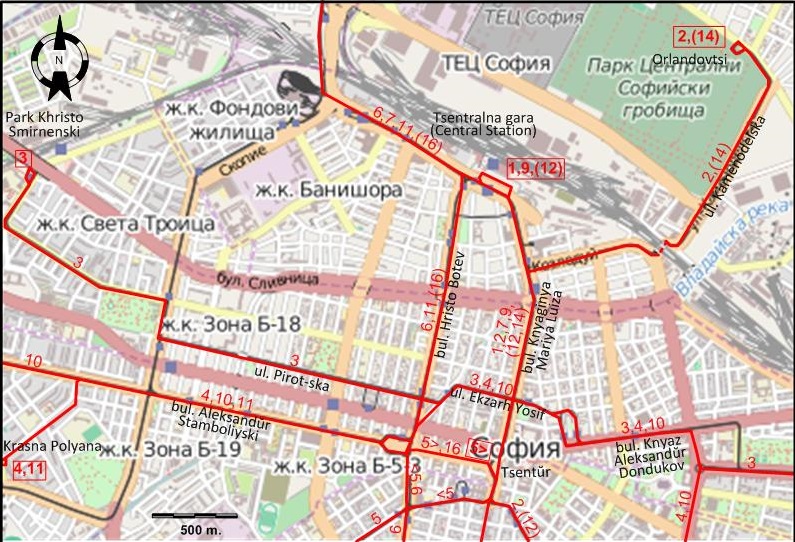 Sofia downtown tram map 1963