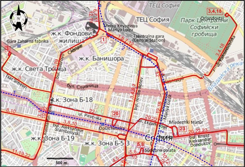 Sofia downtown tram map 2014