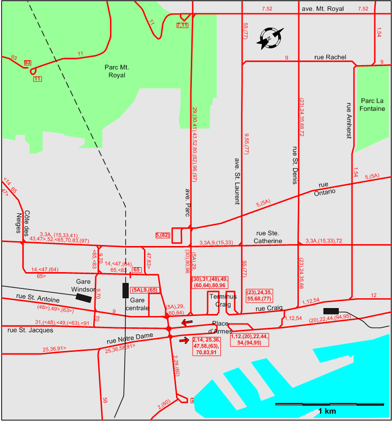 Montreal 1941 downtown tram map