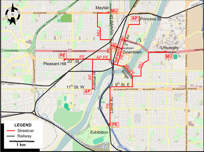 Saskatoon tram map 1946