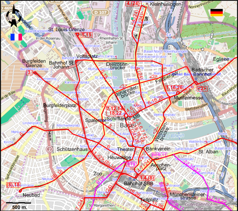 Basel 1965 downtown tram map