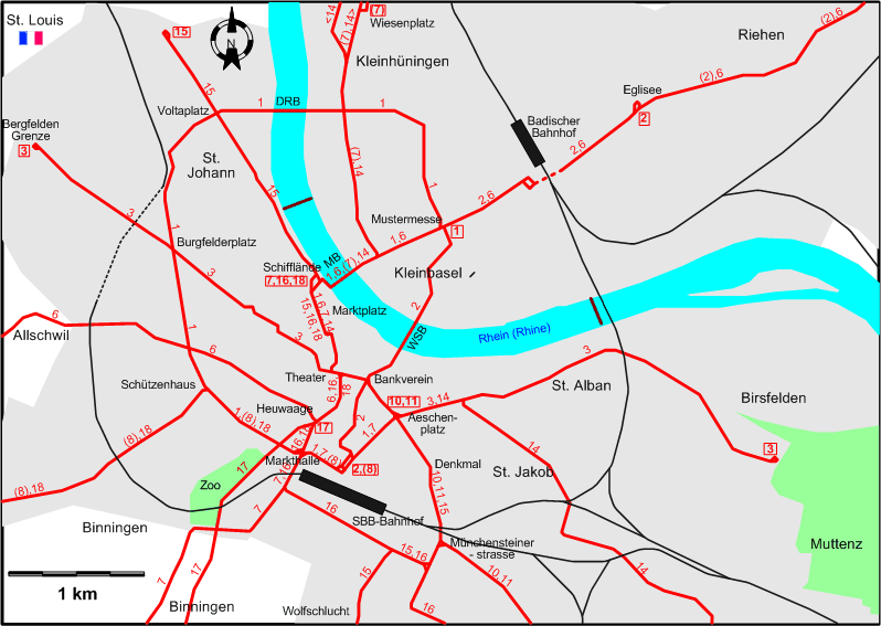Basel 1985 downtown tram map