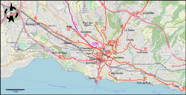 Lausanne centre tram map 1938