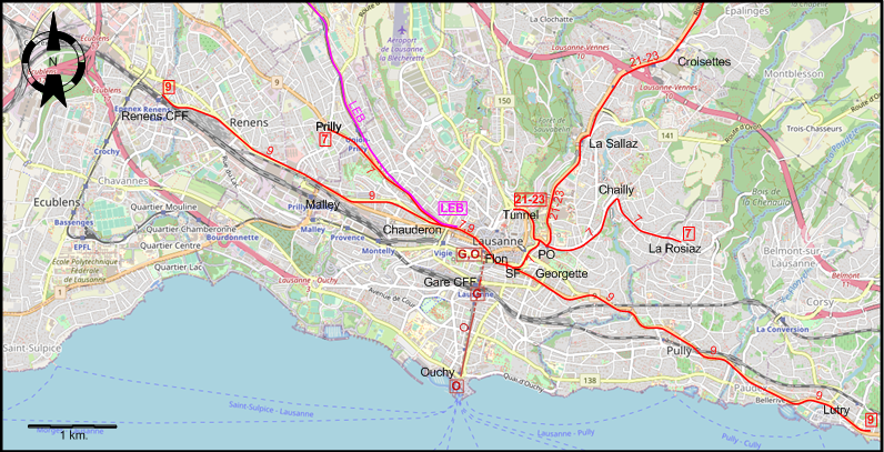 Lausanne centre tram map 1961