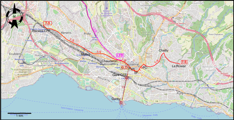 Lausanne centre tram map 1964