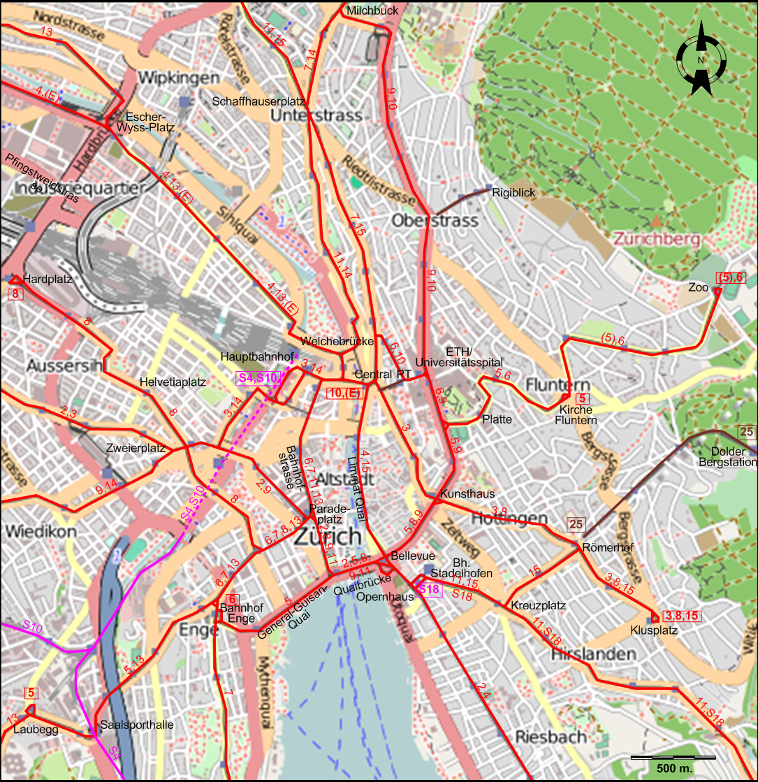Zurich central tram map