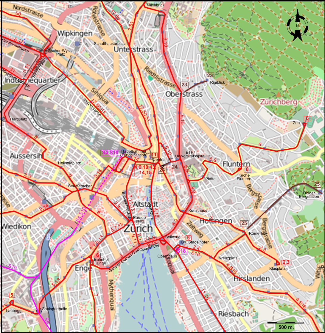 Central Zurich tram map 2025