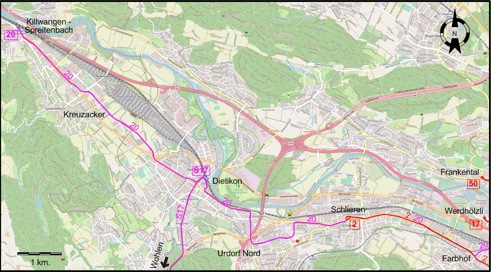 Zurich Limmattal LRT tram map 2025