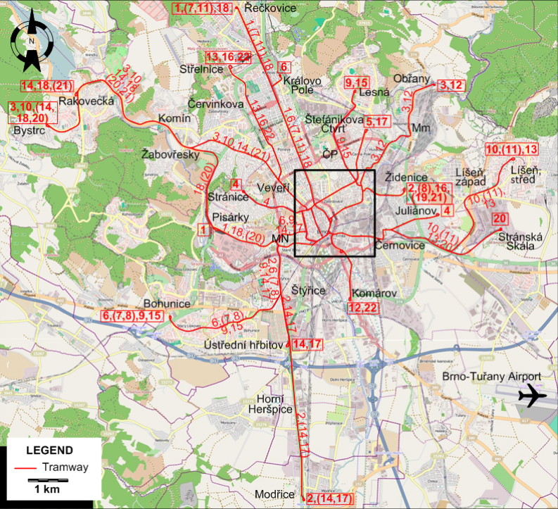 Brno tram map 1990