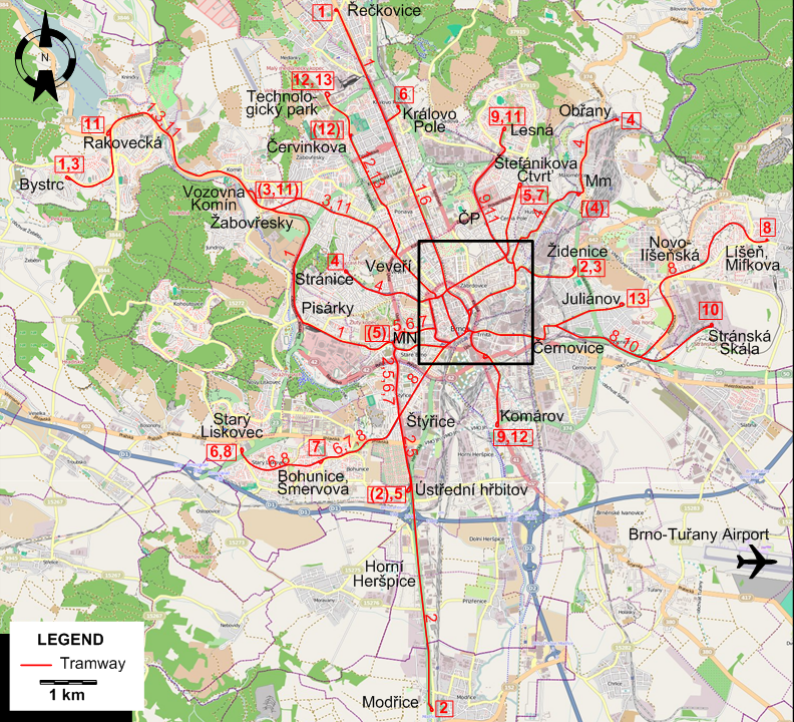 Brno tram map 2010