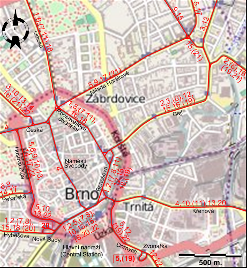 Brno downtown tram map 1990