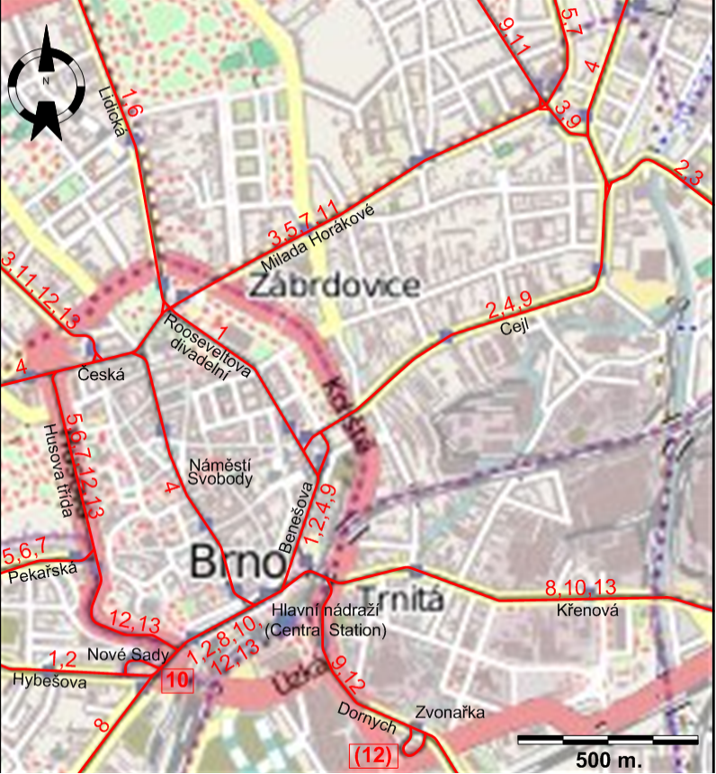 Brno downtown tram map 2010