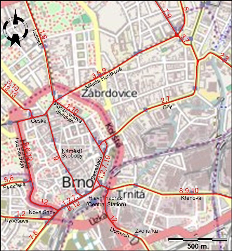 Brno downtown tram map 2022