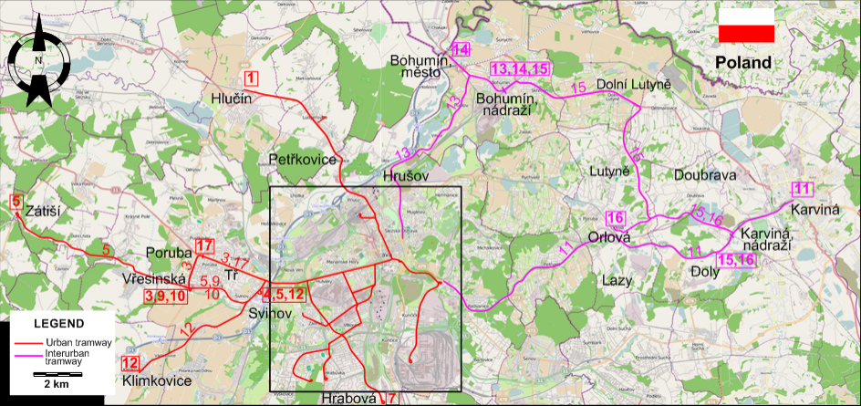 Ostrava tram map 1962