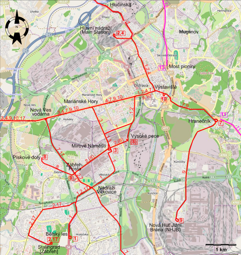 Ostrava downtown tram map 1962