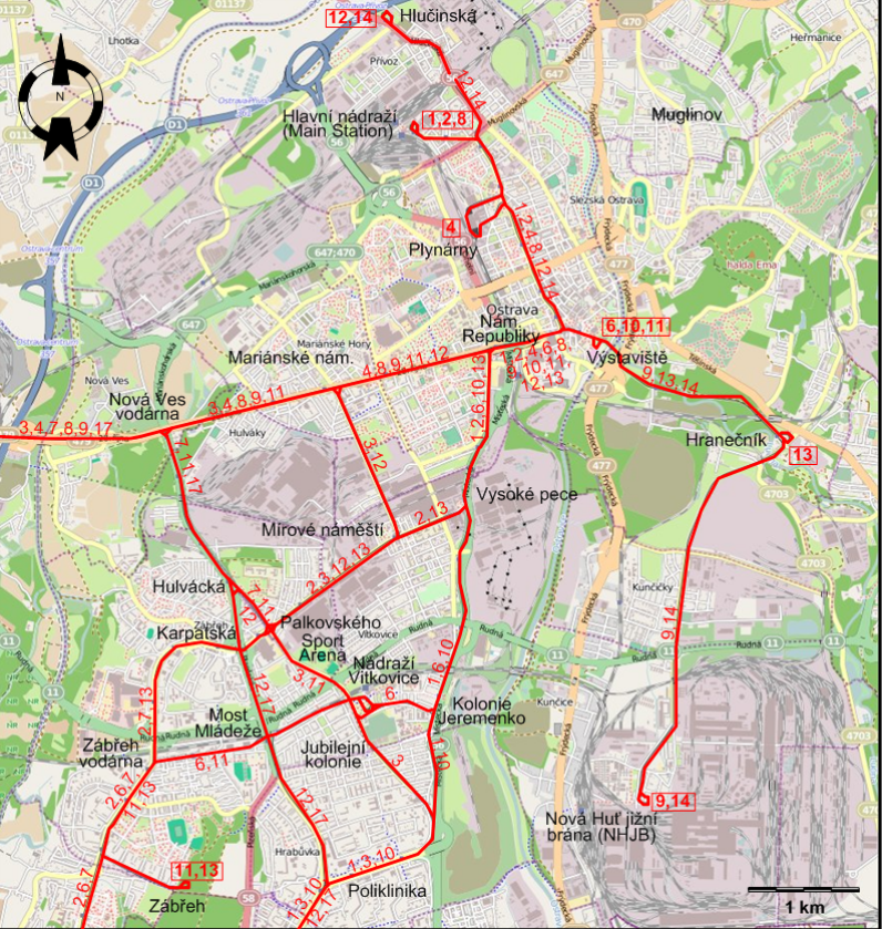 Ostrava downtown tram map 2012