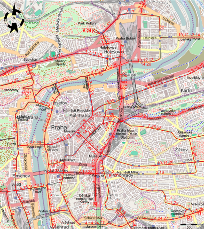 Prague downtown tram map 1965