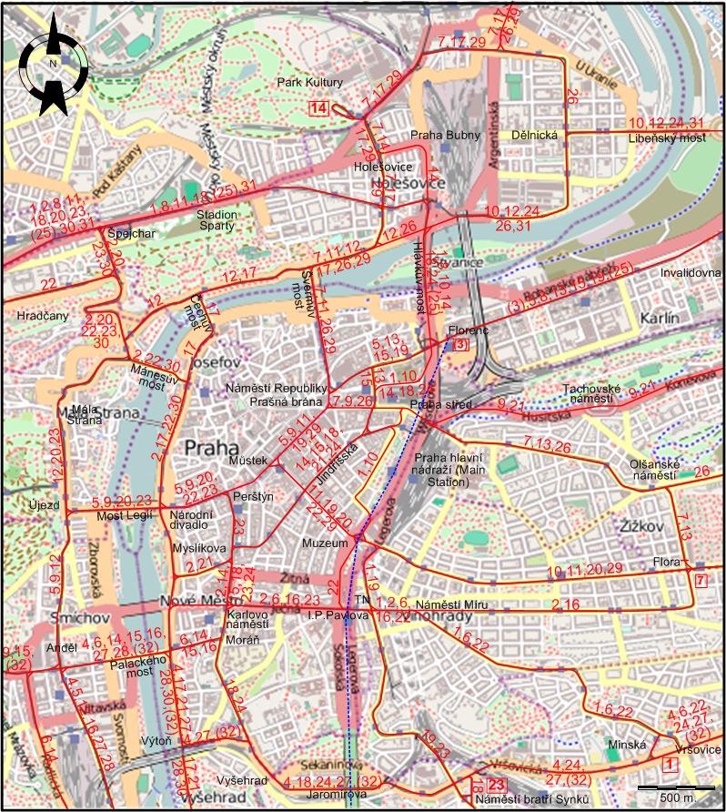 Prague downtown tram map 1974