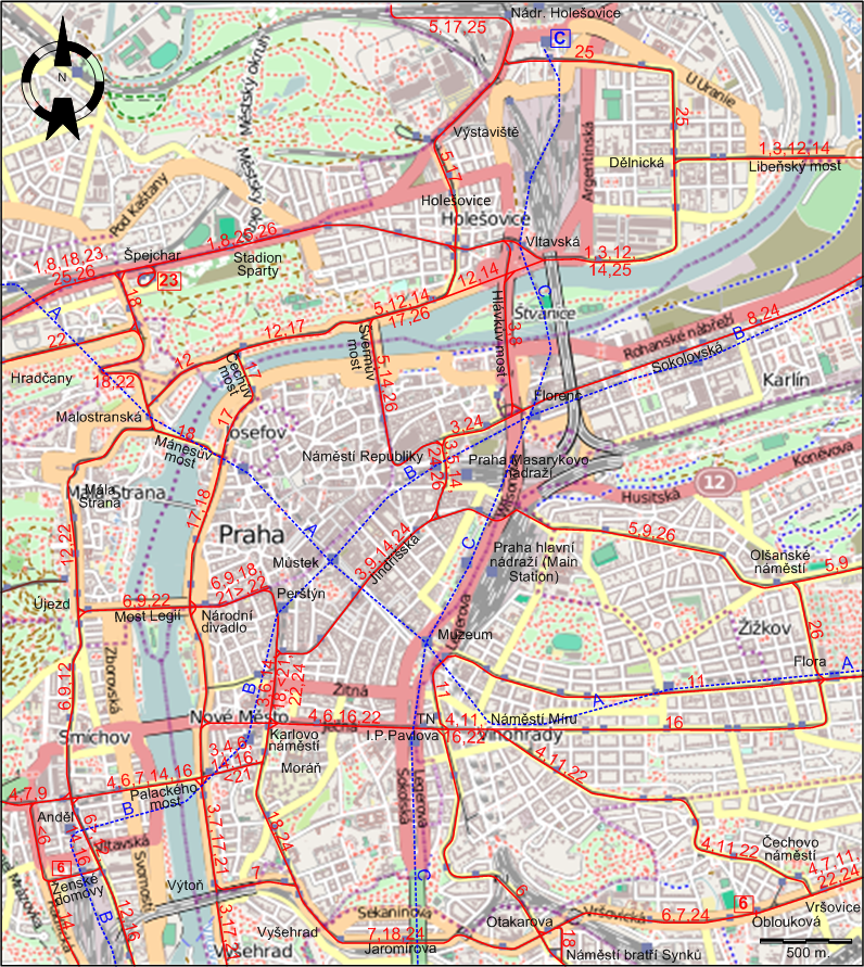 Prague downtown tram map 1990