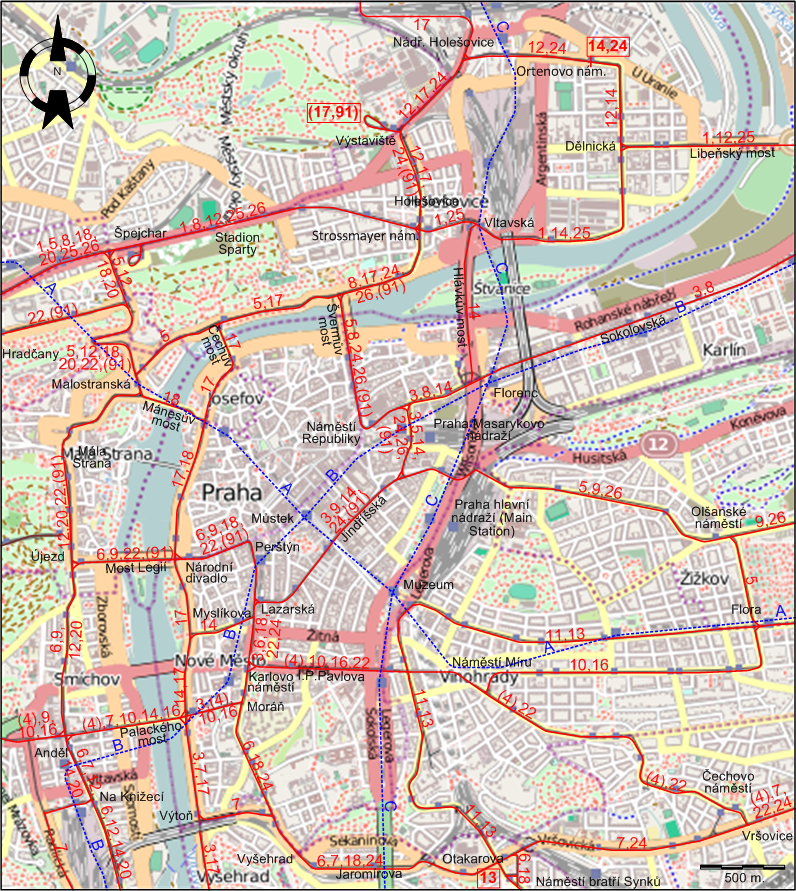 Prague downtown tram map 2015