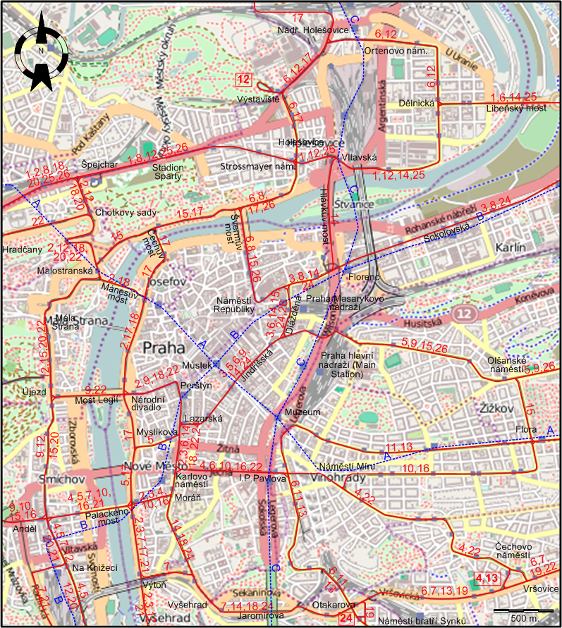Prague downtown tram map 2021