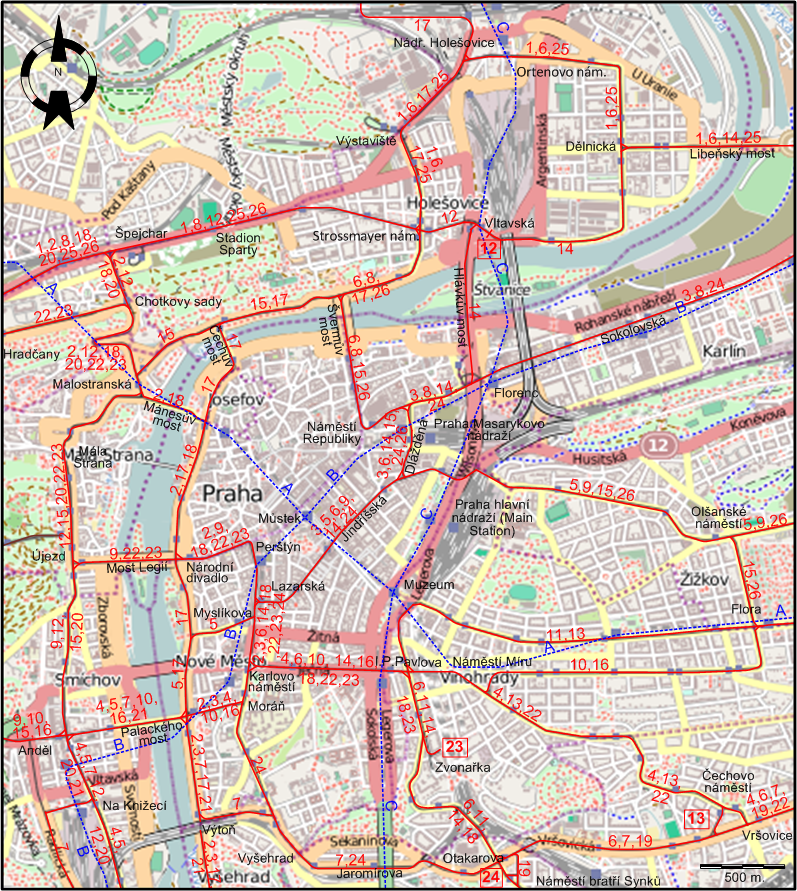 Prague downtown tram map 2022