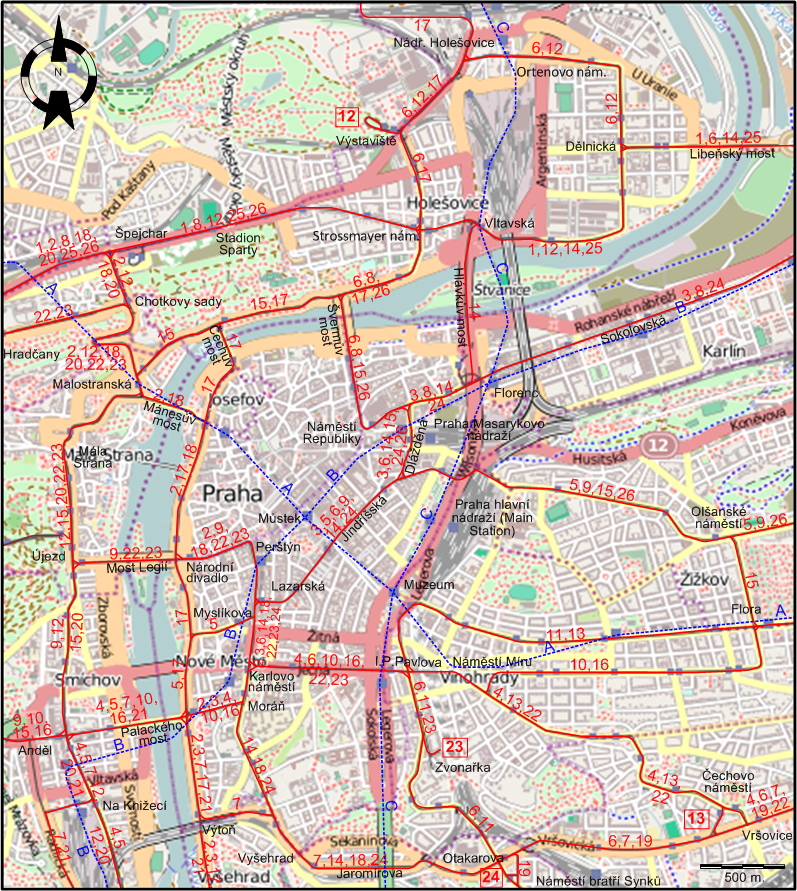 Prague downtown tram map 2023