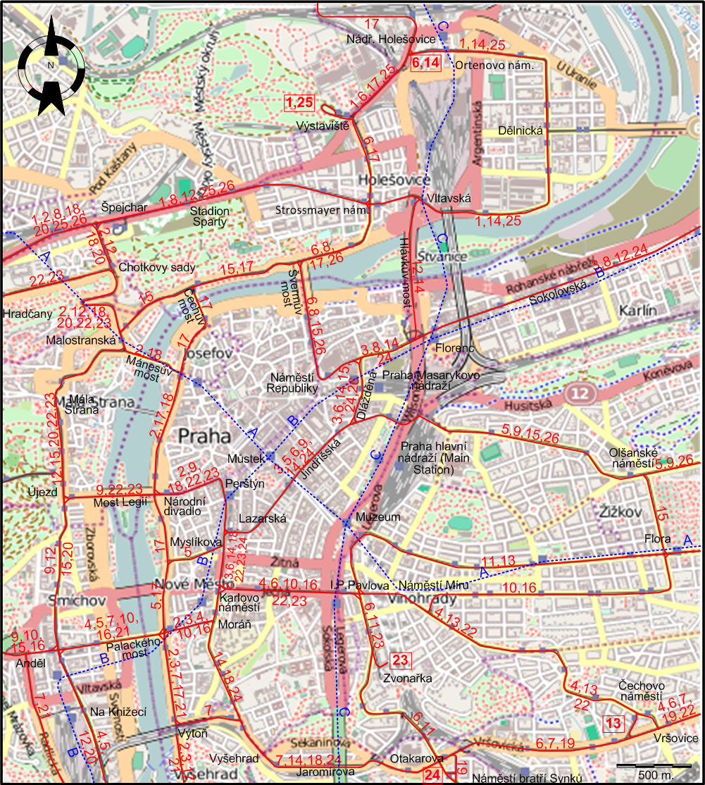 Prague downtown tram map 2025