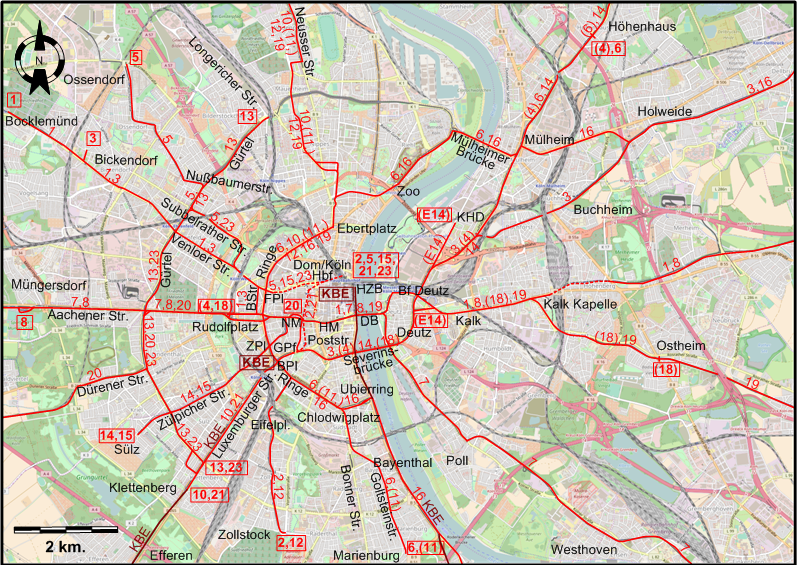 Central Cologne tram map 1969