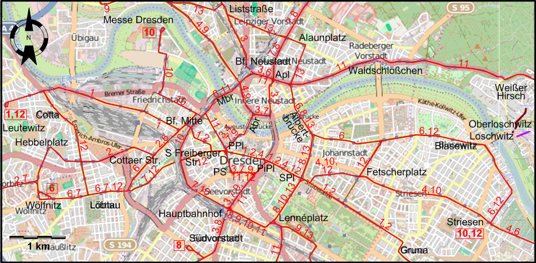 Dresden downtown tram map 2025