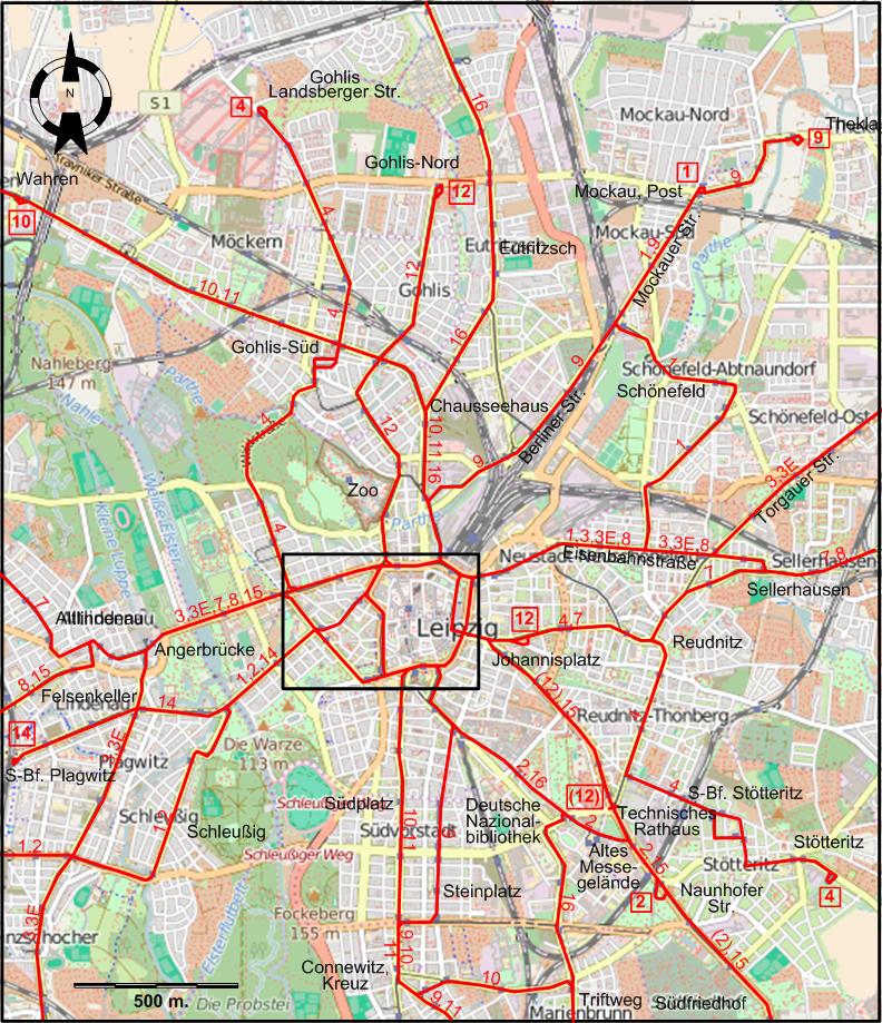 Leipzig downtown tram map 2015