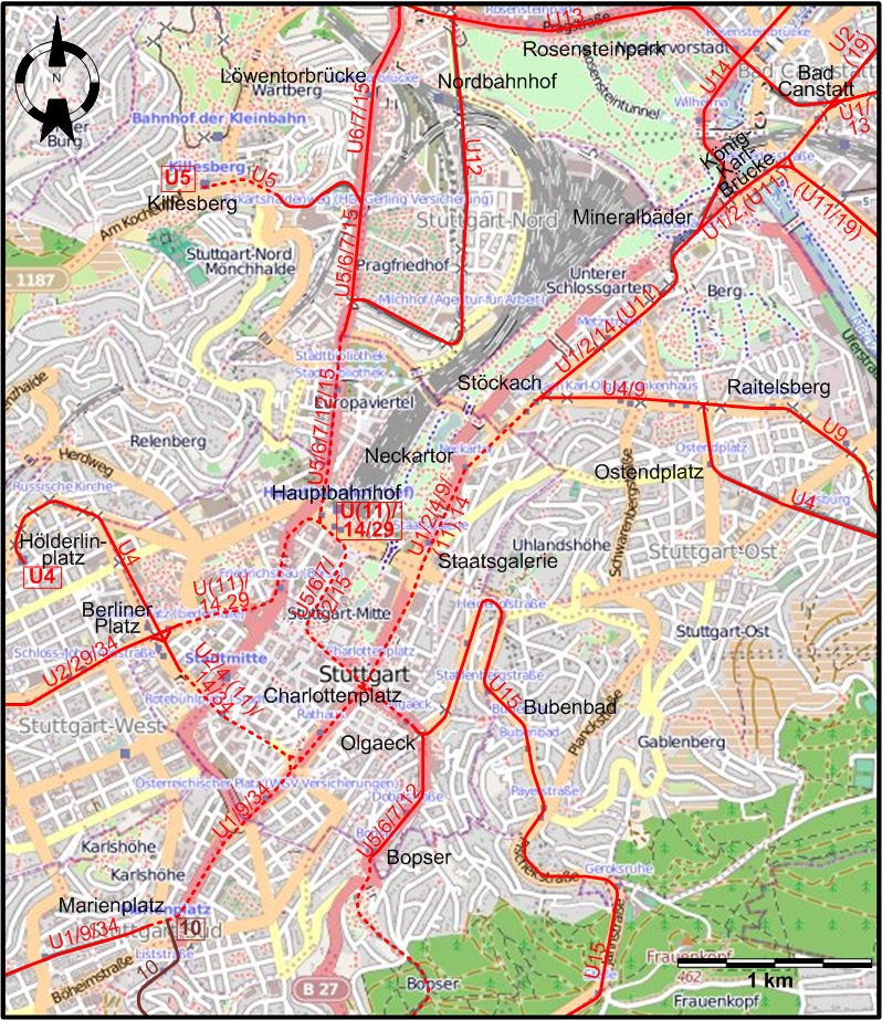 Stuttgart centre tram map 2021