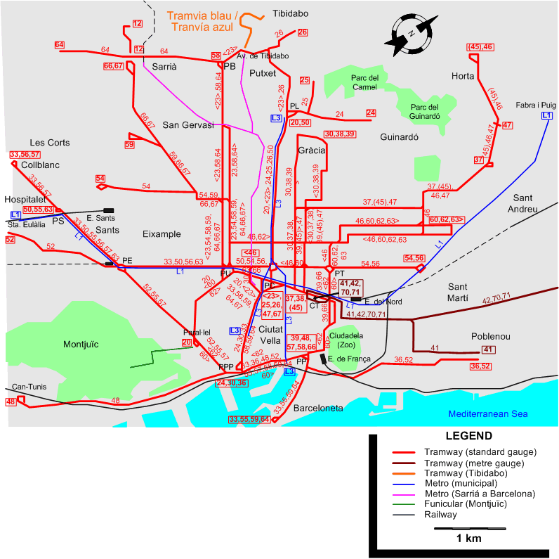 Barcelona 1955 tram map