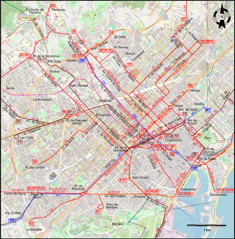 Barcelona 1945 central tram map