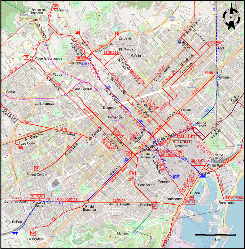 Barcelona 1955 central tram map