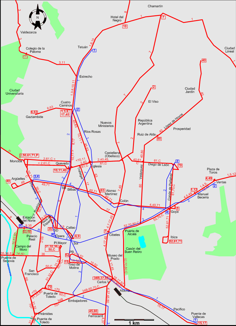 Madrid 1952 downtown tram map