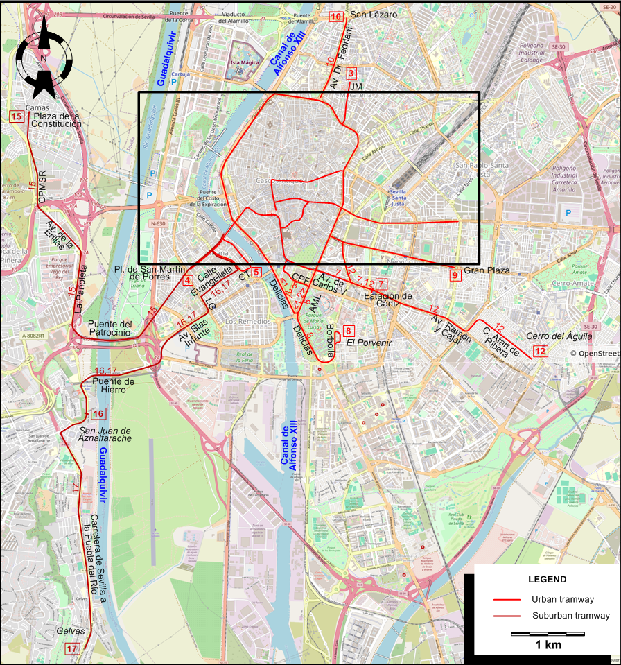 Seville 1954 tram map