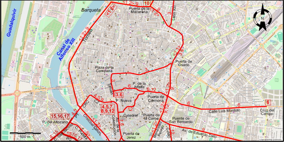 Seville central area 1954 tram map