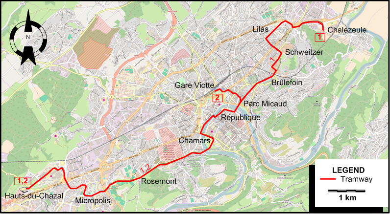 Besançon tram map 2014