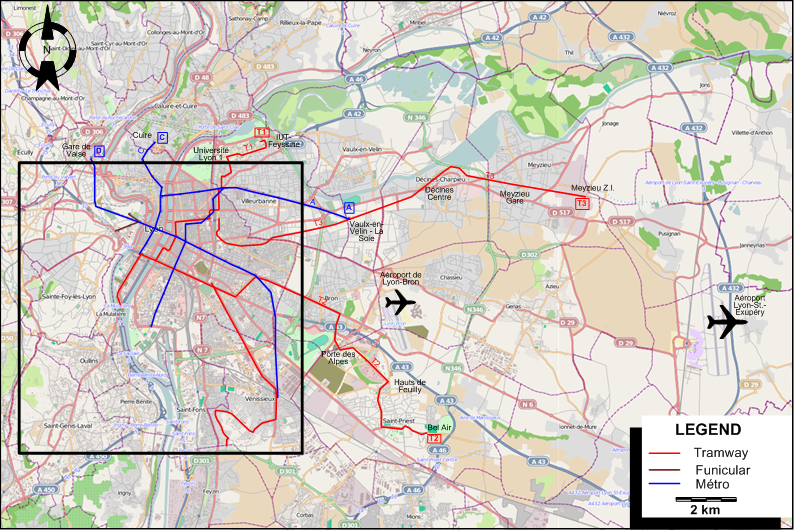 Lyon suburbs tram map 2009