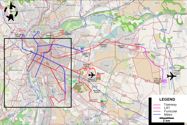 Lyon suburbs tram map 2012